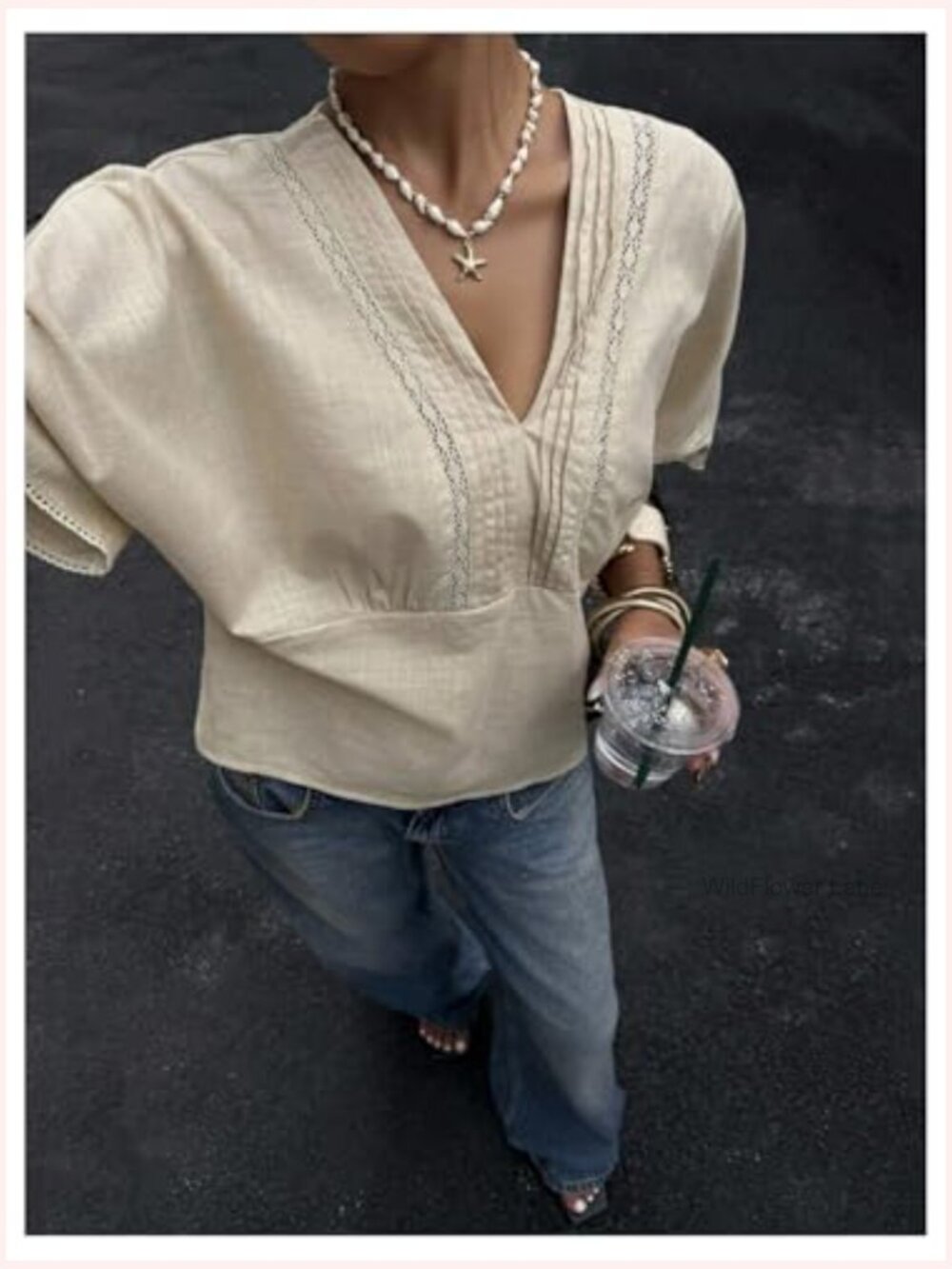 Boho Peasant Blouse Lace V Neck Cinched Waist 3/4 Sleeve Embroidered Shirt - Picture 5 of 5